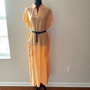 Tahari Orange Linen Blend Maxi Dress Short Sleeve Collared Pockets Size M